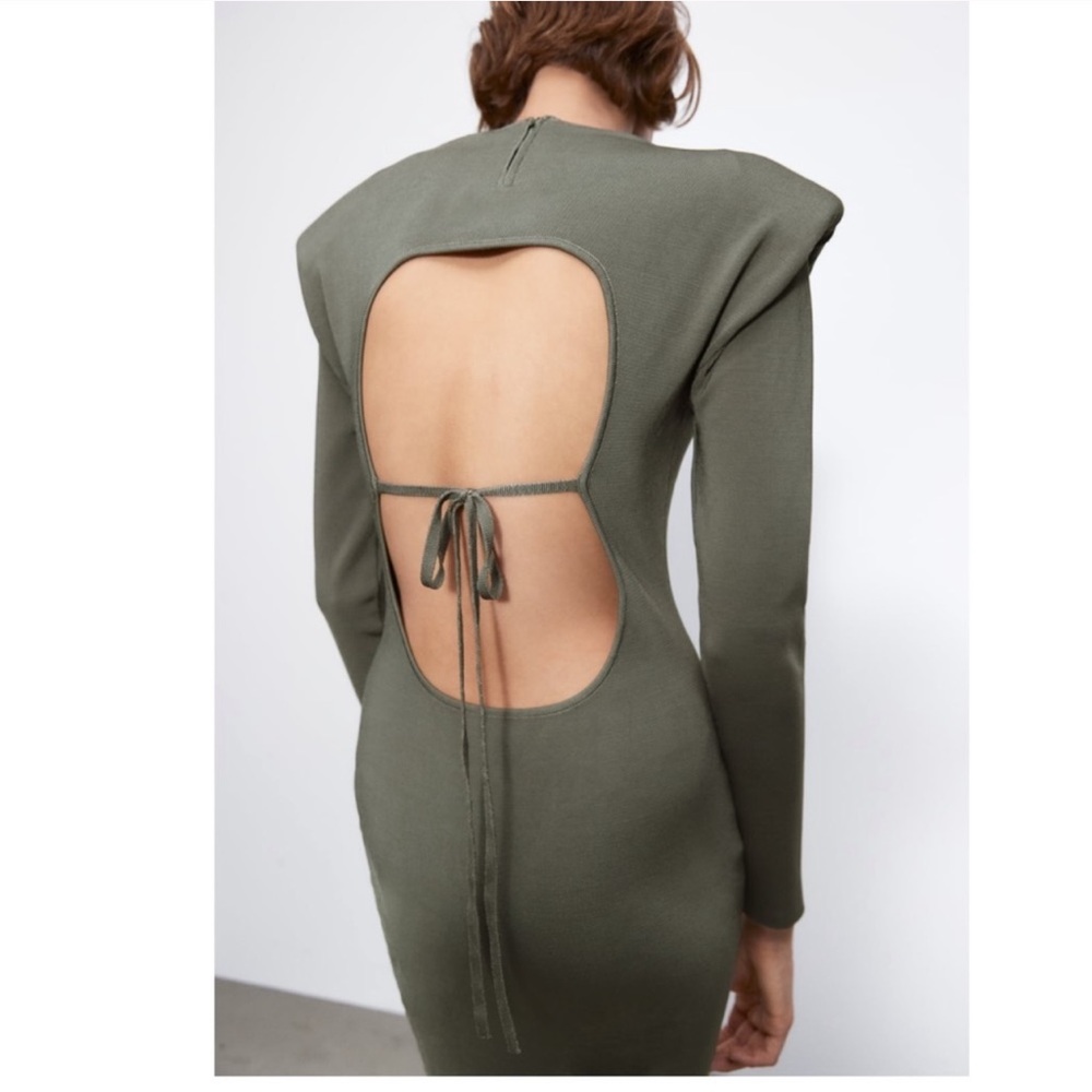 ZARA Sage Padded Shoulders Open Back Knit MIDI Dress